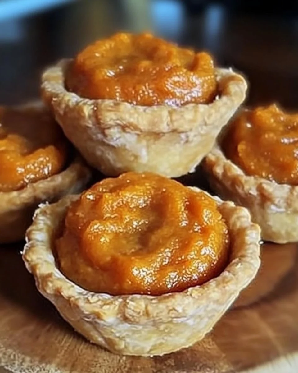 Freshly baked Sweet Potato Mini Pies served on a wooden table.