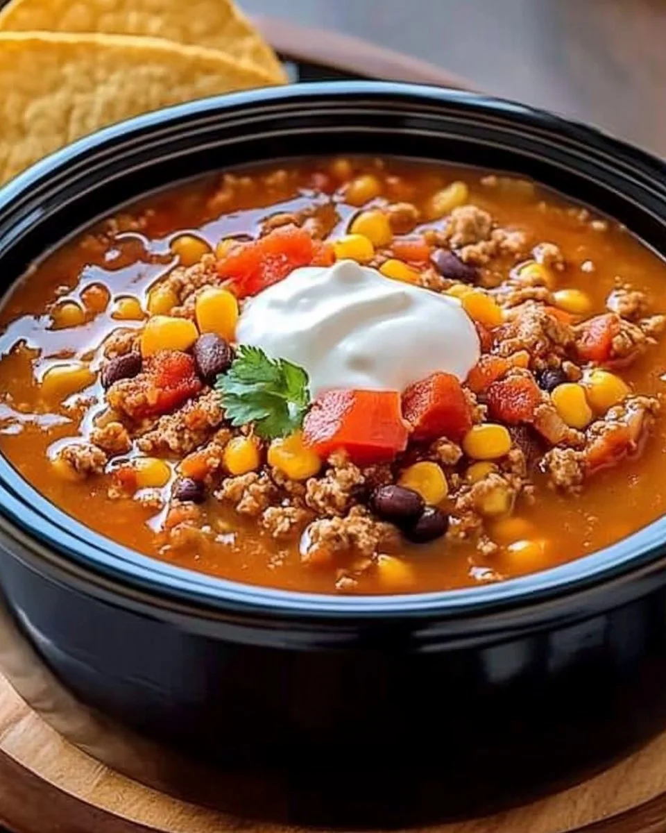 Bowl of delicious Taco Soup made in a slow cooker, garnished with toppings