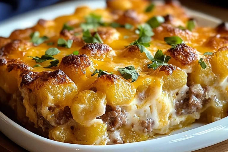 Tater Tot Sausage Breakfast Casserole topped with golden crispy tater tots