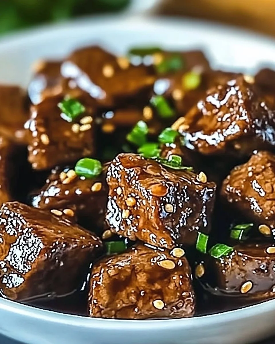 Tender slow cooker honey garlic steak bites served on a plate