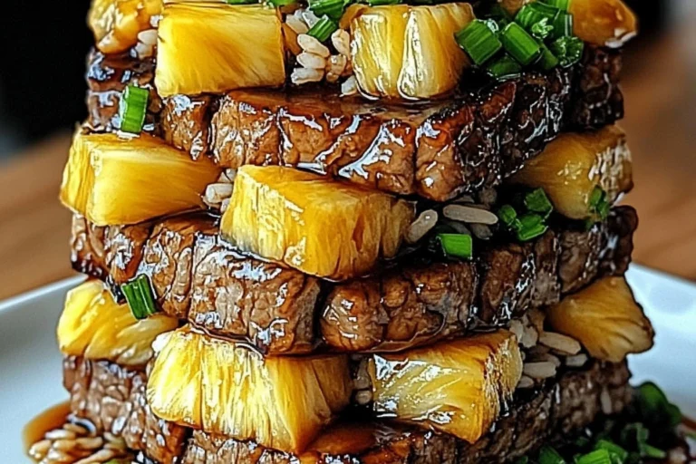 Delicious Teriyaki Beef served in a pineapple rice bowl.