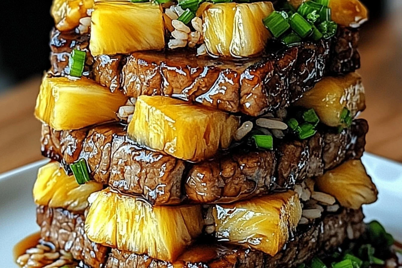 Delicious Teriyaki Beef served in a pineapple rice bowl.