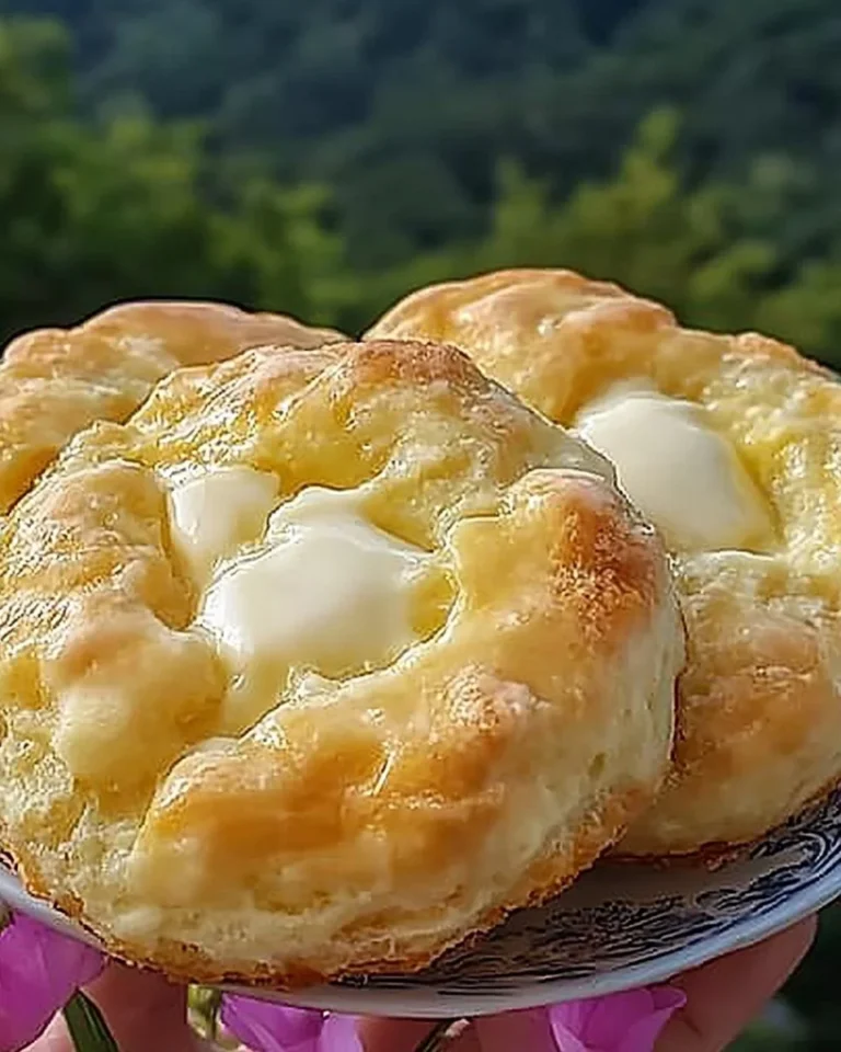 Freshly baked three ingredient sour cream biscuits on a wooden table.