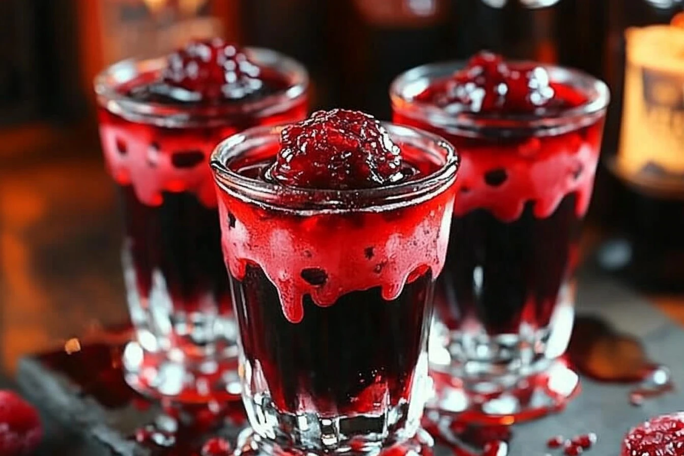 Vampire Venom Shots cocktail with vivid red color served in a glass.