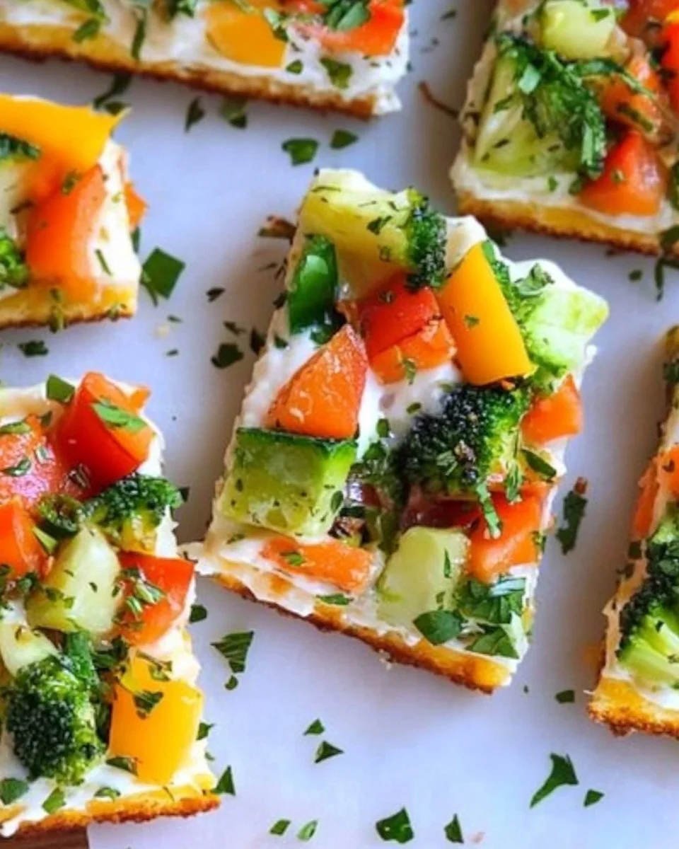 Delicious veggie pizza appetizer topped with fresh vegetables.