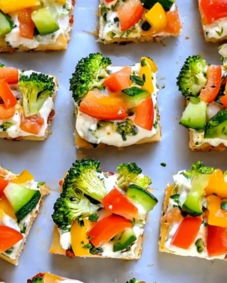 Veggie pizza appetizer with fresh vegetables and cheese on a crust