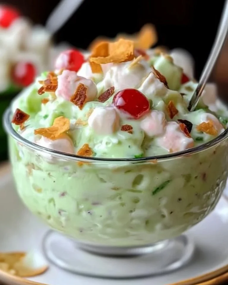 A bowl of colorful Watergate Salad with pistachio, marshmallows, and cherries.