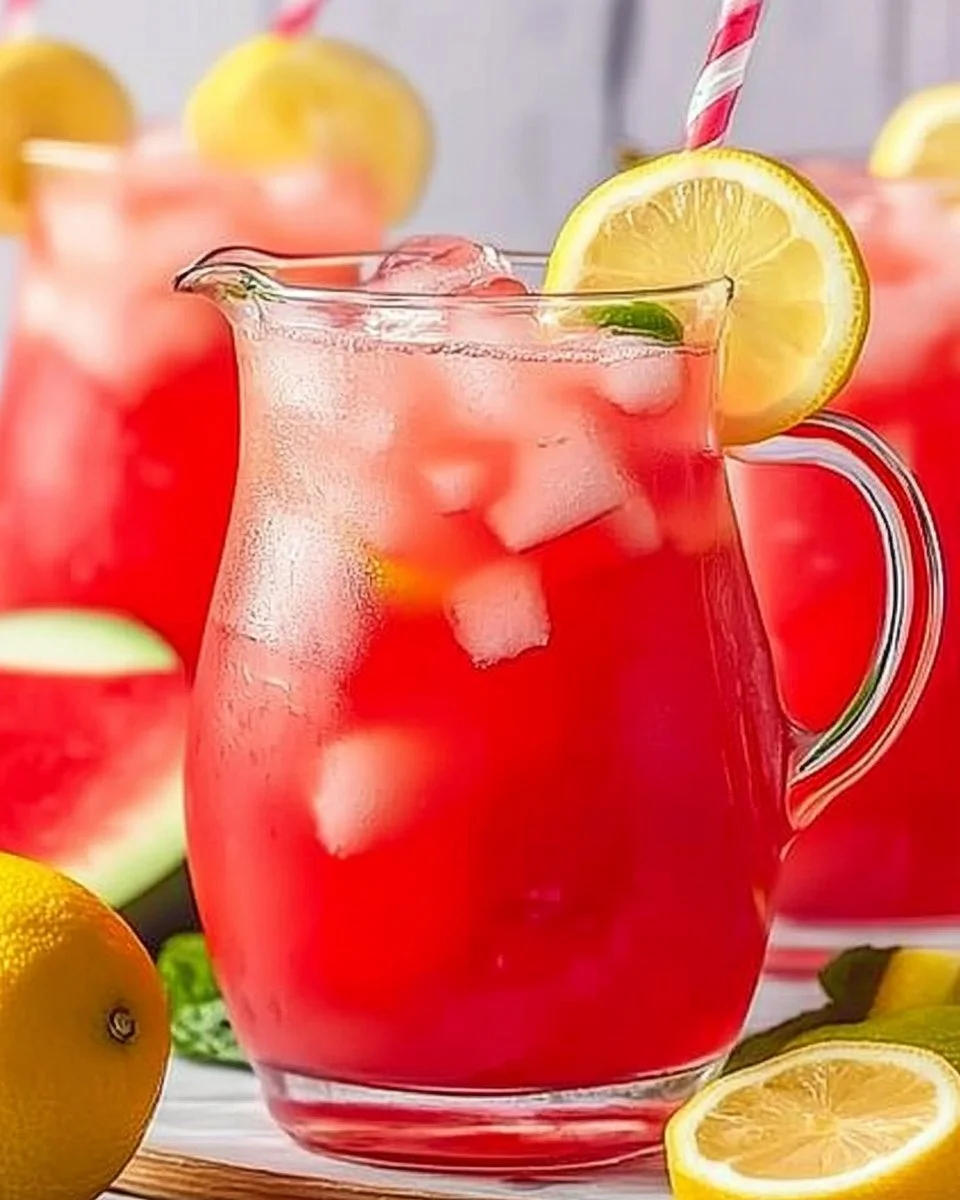 Refreshing watermelon lemonade in a glass with lemon slices and mint leaves