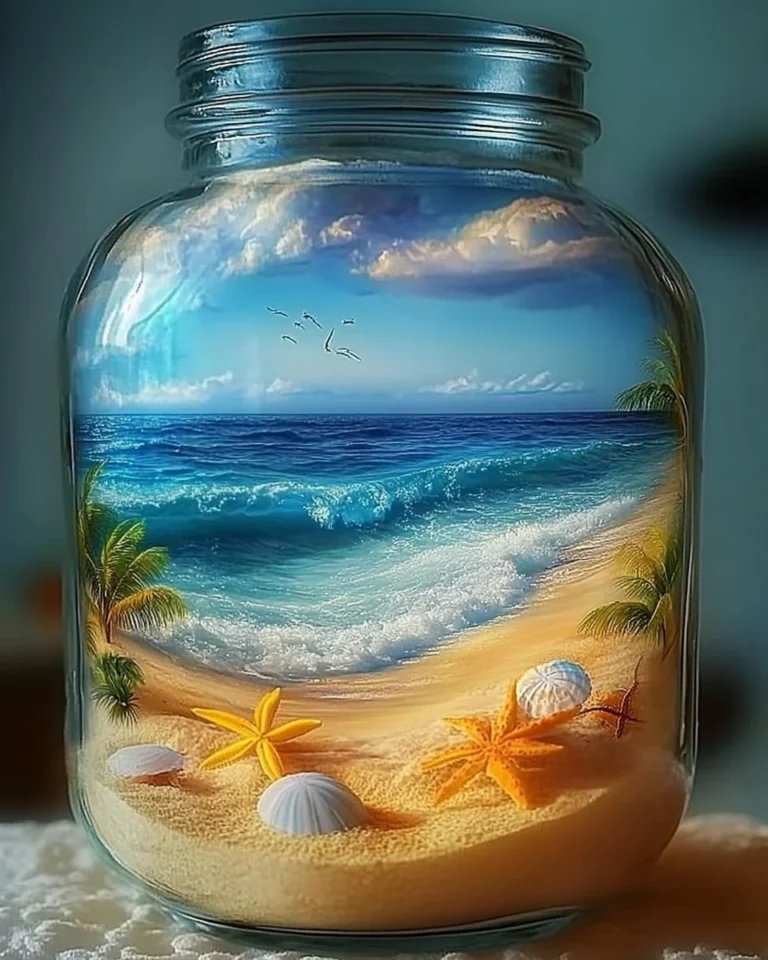 Beach-in-a-Bottle calming jar showcasing soothing ocean colors and decorative elements.