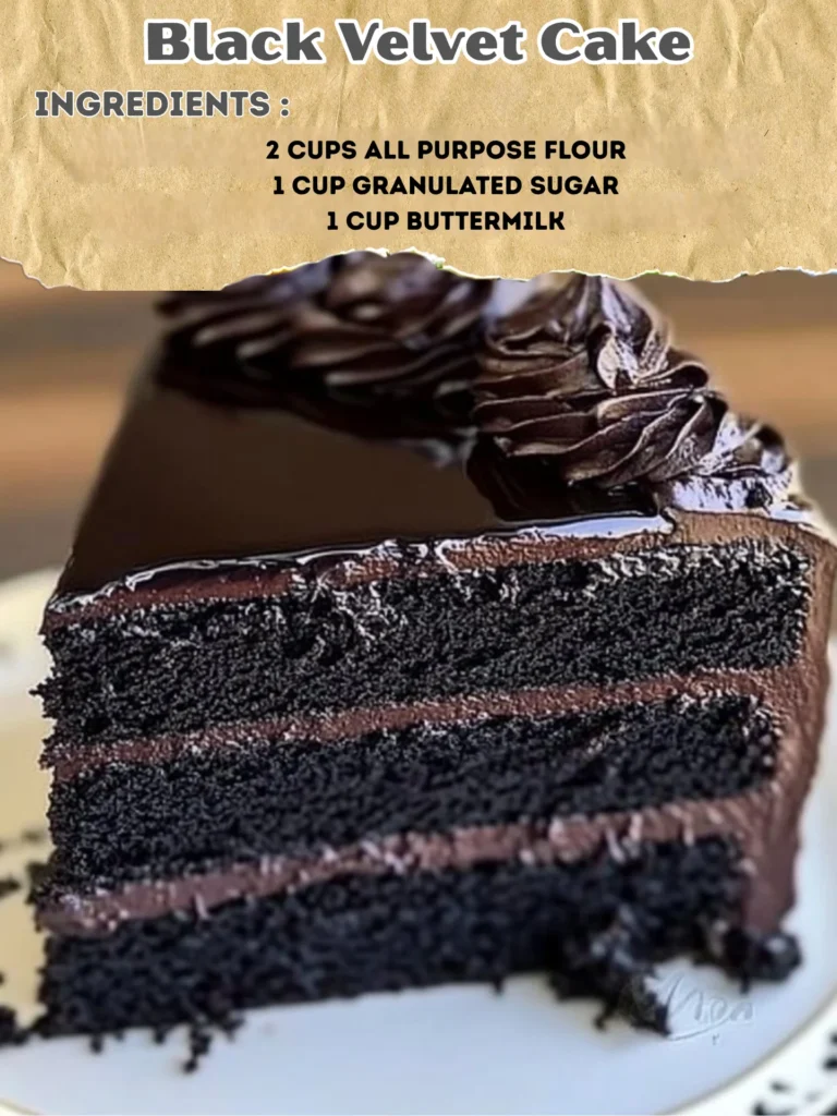 Slice of moist Black Velvet Cake topped with cream cheese frosting