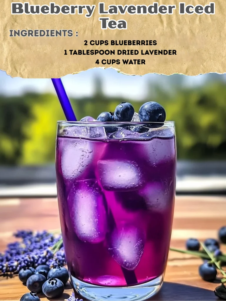 Glass of blueberry lavender iced tea with fresh blueberries and lavender flowers