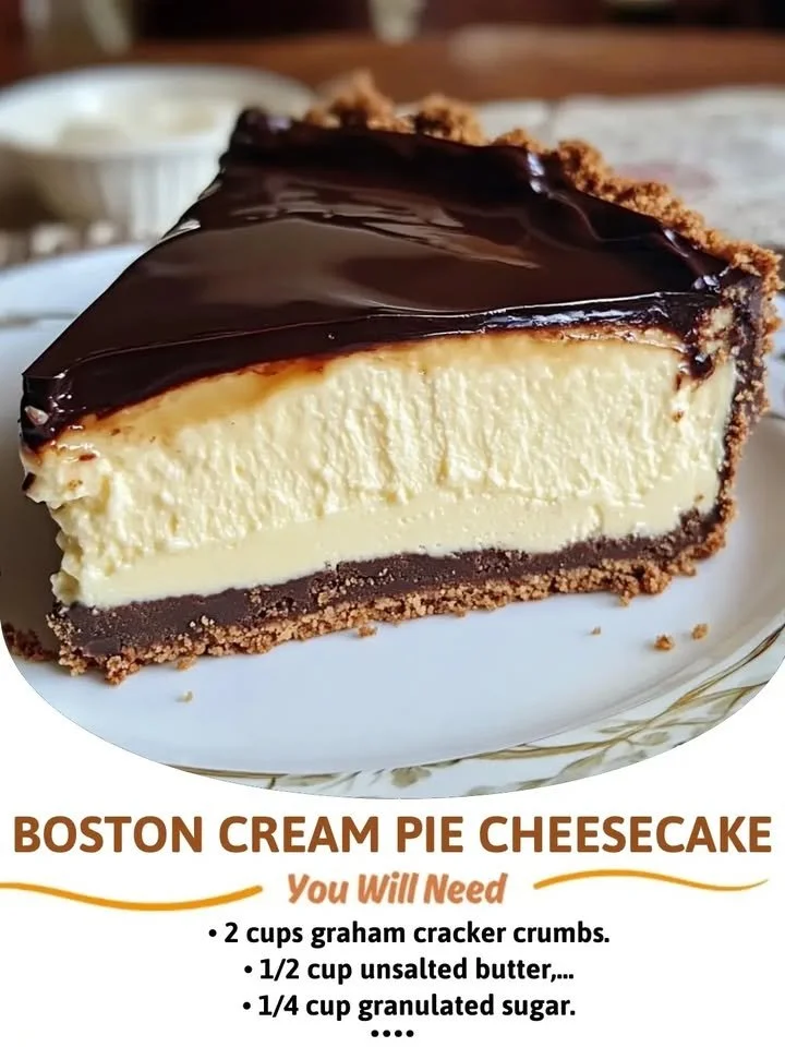 Boston Cream Pie Cheesecake topped with chocolate glaze and cream