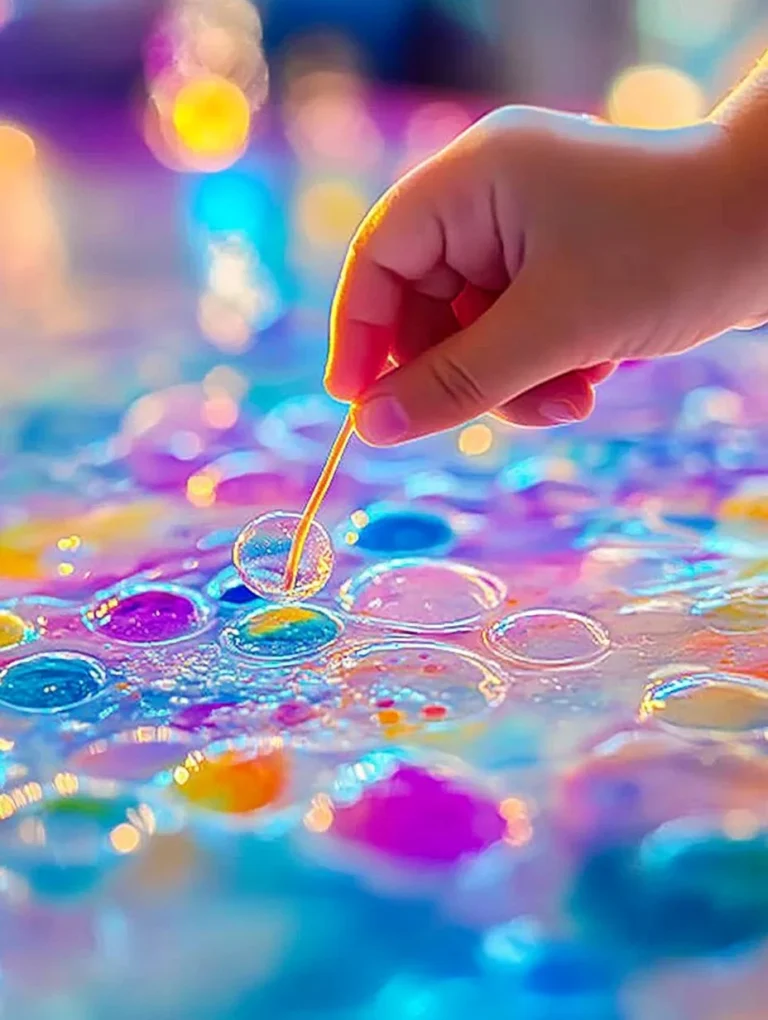 Children engaged in bubble painting art activity, creating colorful designs.