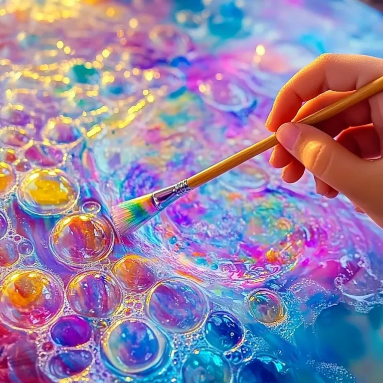 Kids creating colorful bubble painting art project.