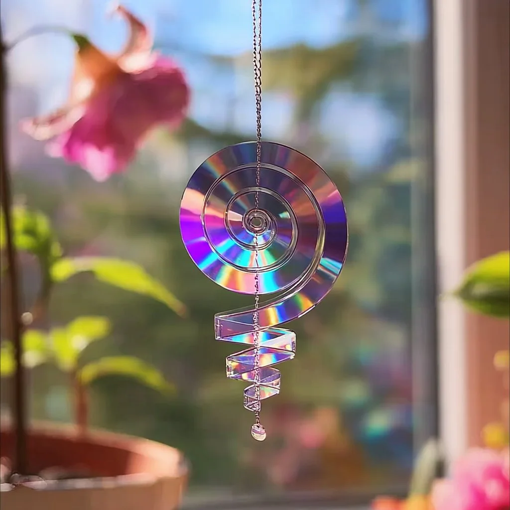 Colorful CD Suncatchers reflecting sunlight in a bright room