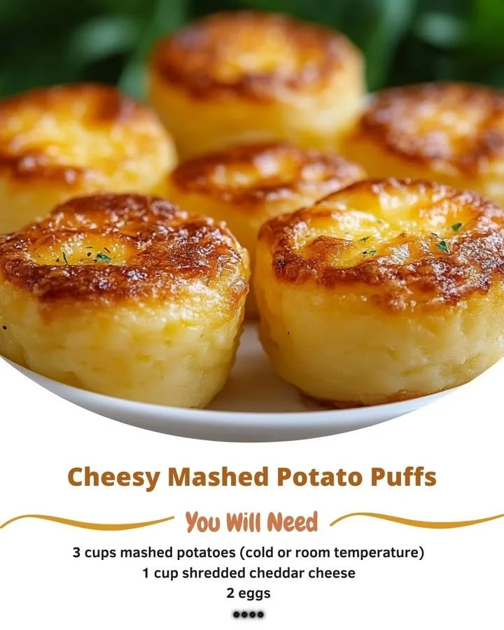 Cheesy mashed potato puffs served on a plate with herbs
