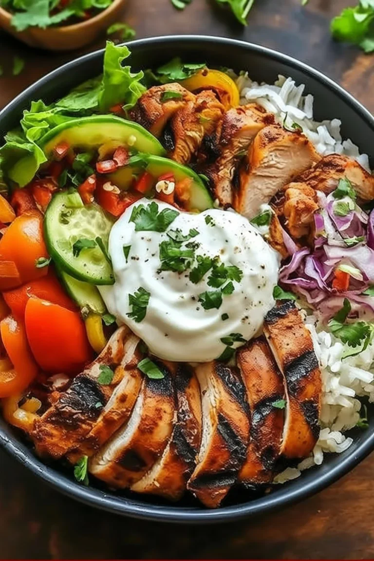 Delicious Chicken Shawarma Bowl with marinated chicken, vegetables, and sauces