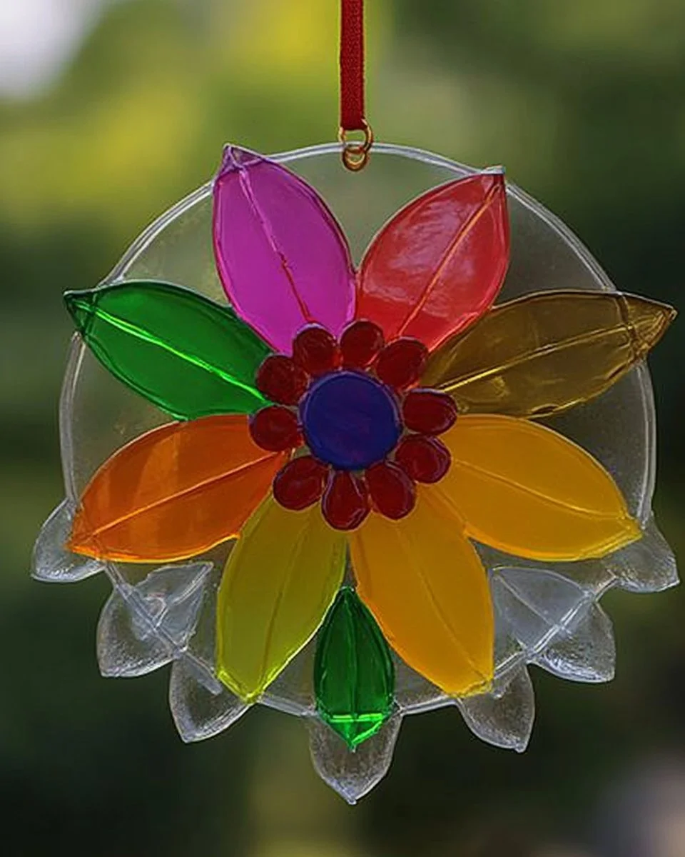 Colorful glue suncatcher art piece hanging in a sunny window.