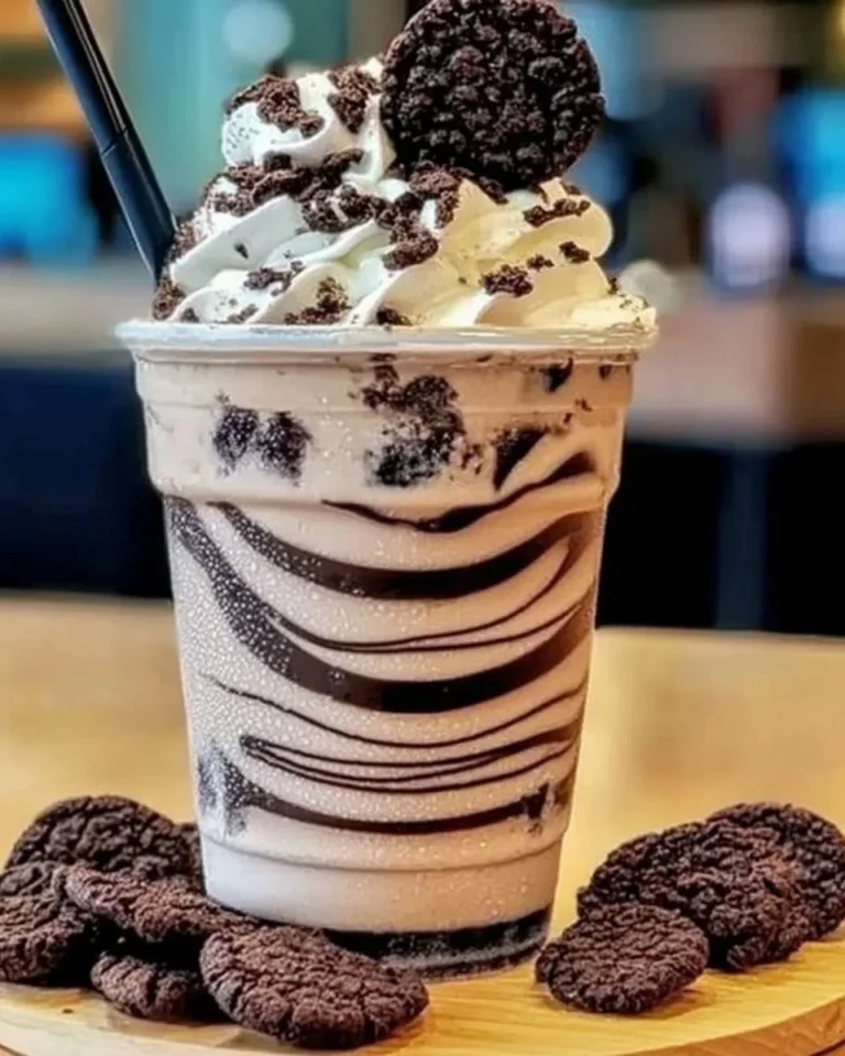 Delicious Cookies & Cream Frappuccino topped with whipped cream and chocolate drizzle