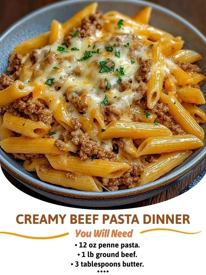 Creamy beef pasta dish served in a bowl with herbs and ingredients.