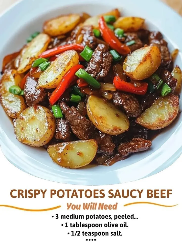 Crispy potatoes served with saucy beef on a plate