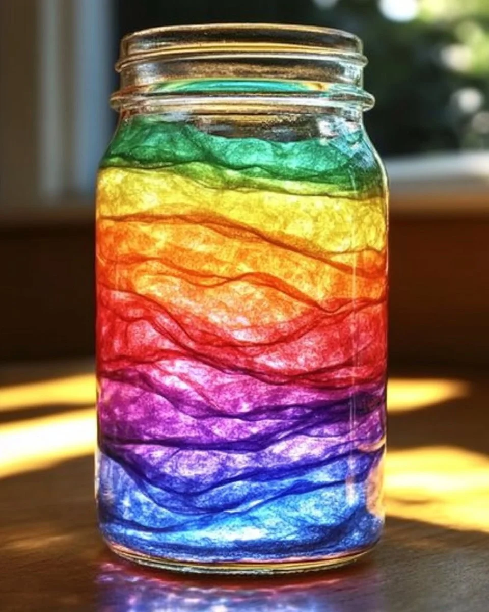 DIY Rainbow-in-a-Jar sensory bottle filled with colorful liquid for sensory play.
