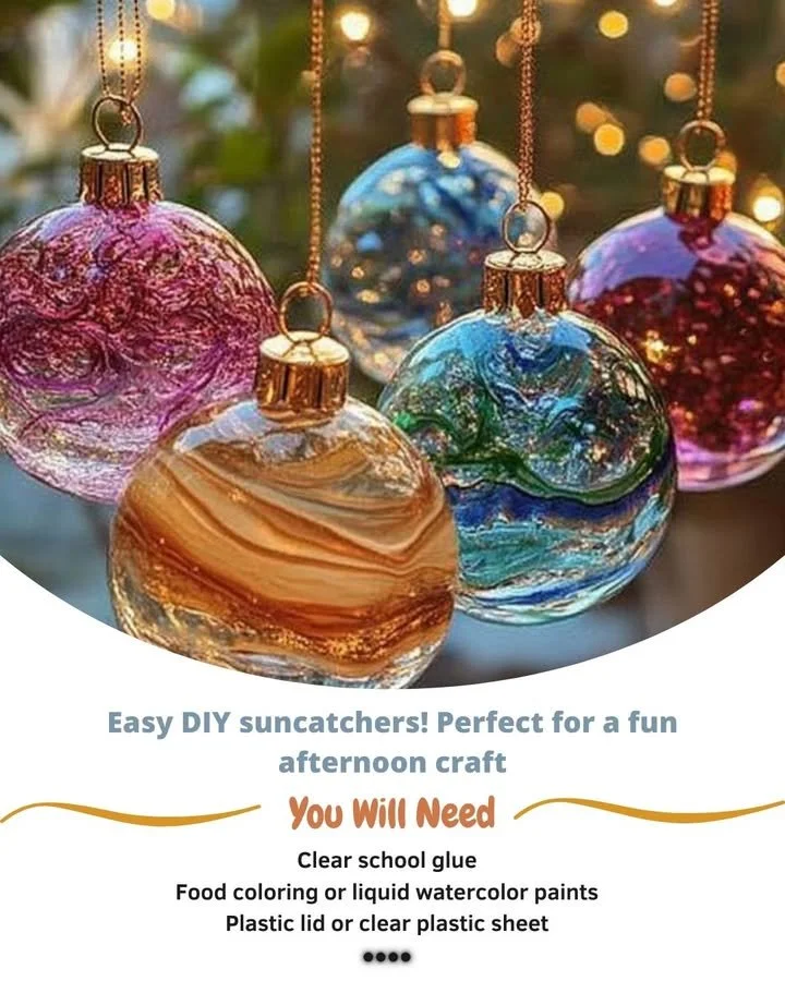 Colorful DIY suncatchers hanging in a window, capturing sunlight
