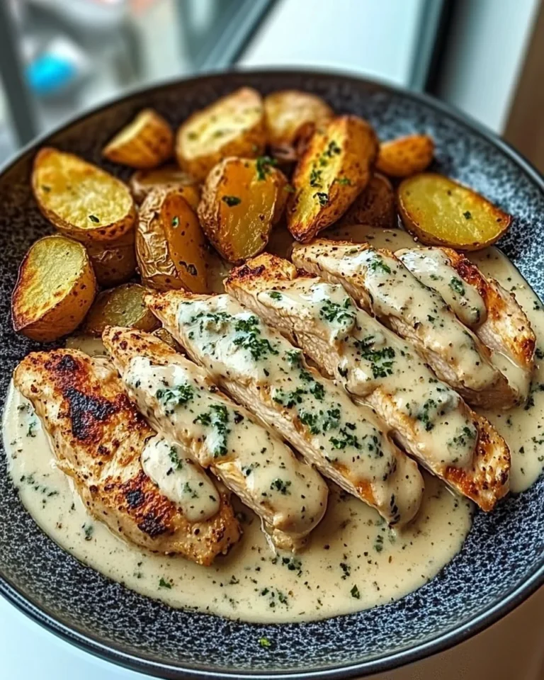 Double Parmesan Garlic Chicken Alfredo with crispy potatoes and truffle mushroom pesto