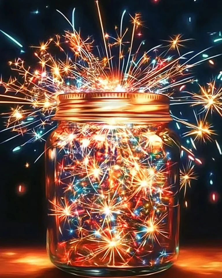 Colorful fireworks displayed creatively in a jar, showcasing festive magic.