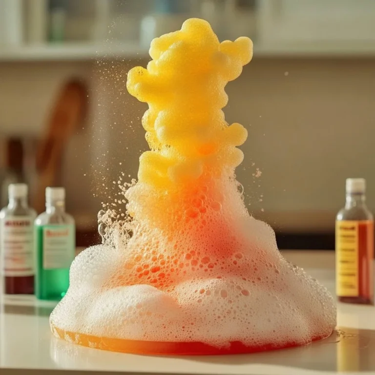 A colorful foaming soap volcano demonstration in a creative setting.