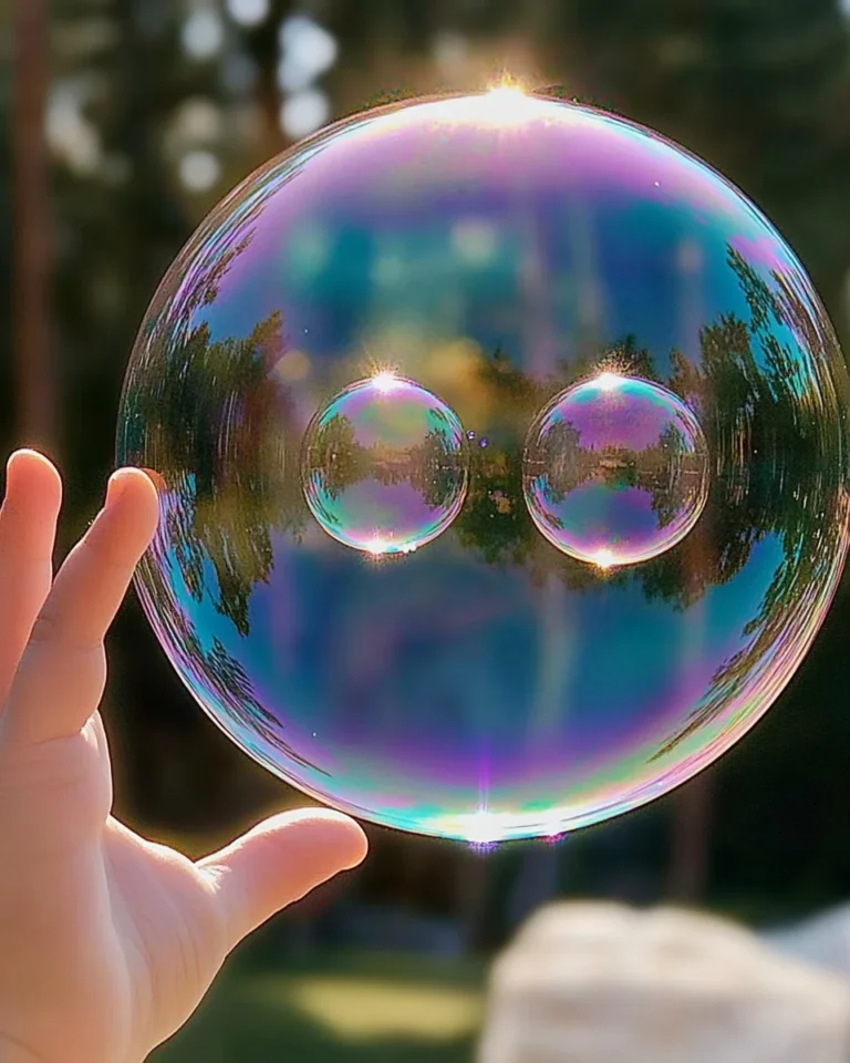 Colorful bouncing bubbles in a sunny outdoor setting