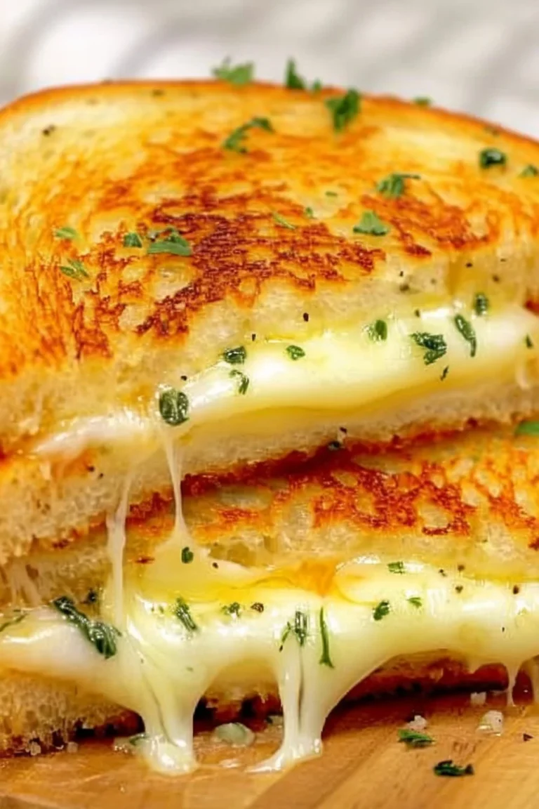 Garlic Bread Grilled Cheese sandwich with golden, crispy crust and gooey cheese inside.