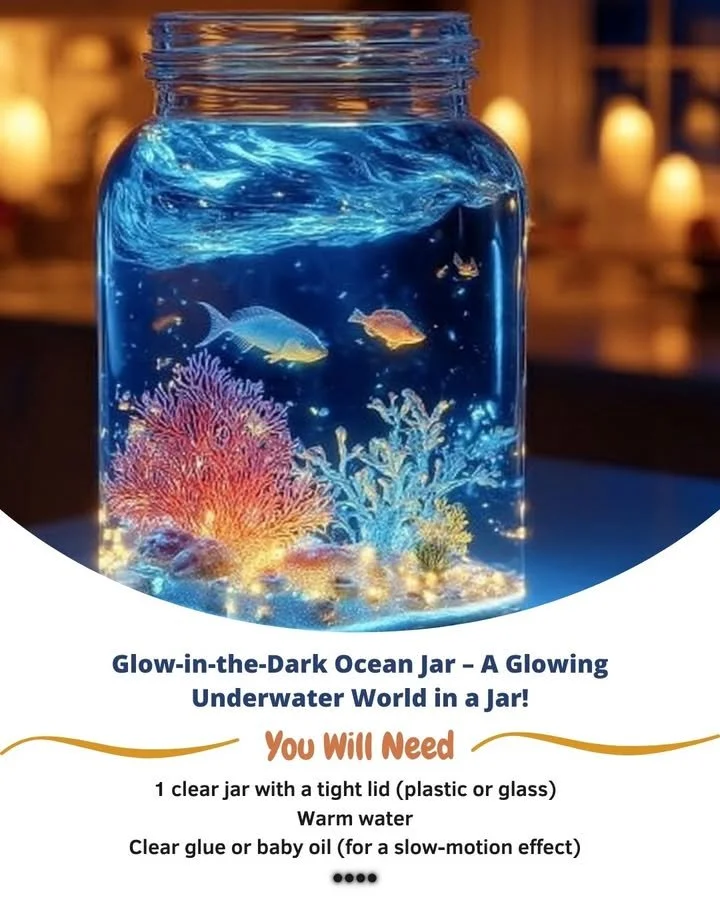 Glow-in-the-dark ocean jar showcasing a luminous underwater scene.