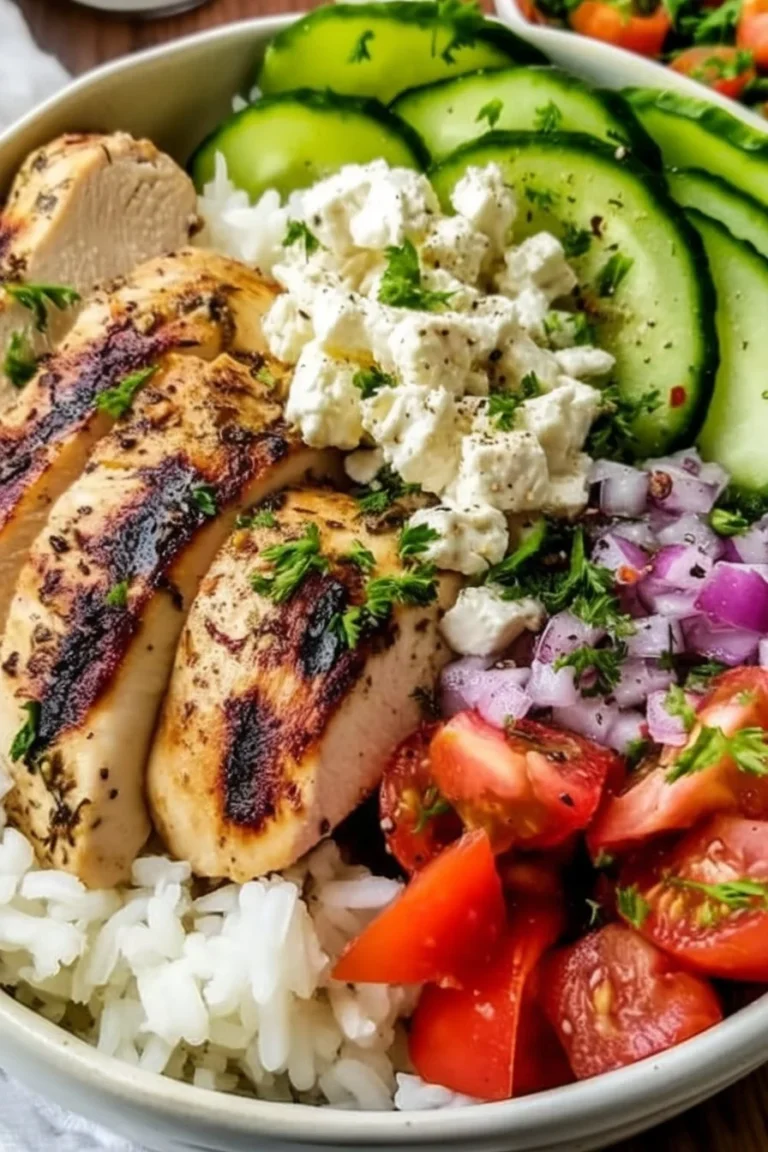 Delicious Greek chicken bowl with fresh vegetables and flavorful toppings