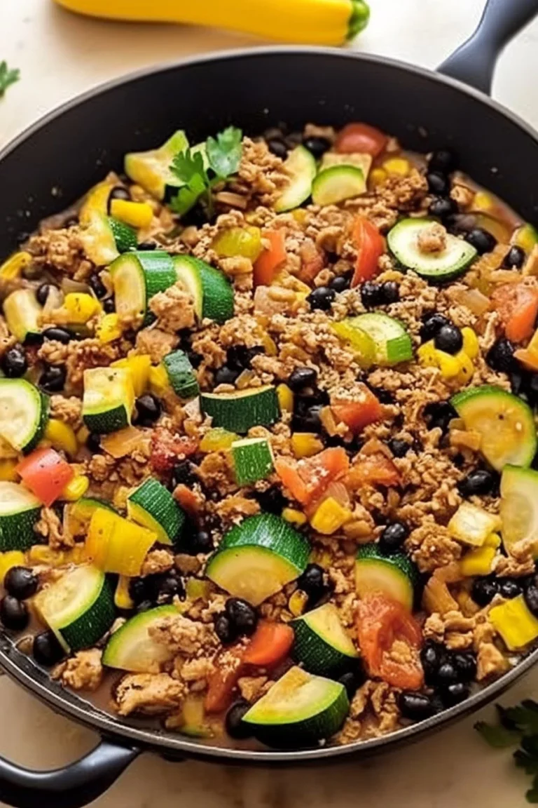 Ground Turkey and Zucchini Skillet dish served in a frying pan
