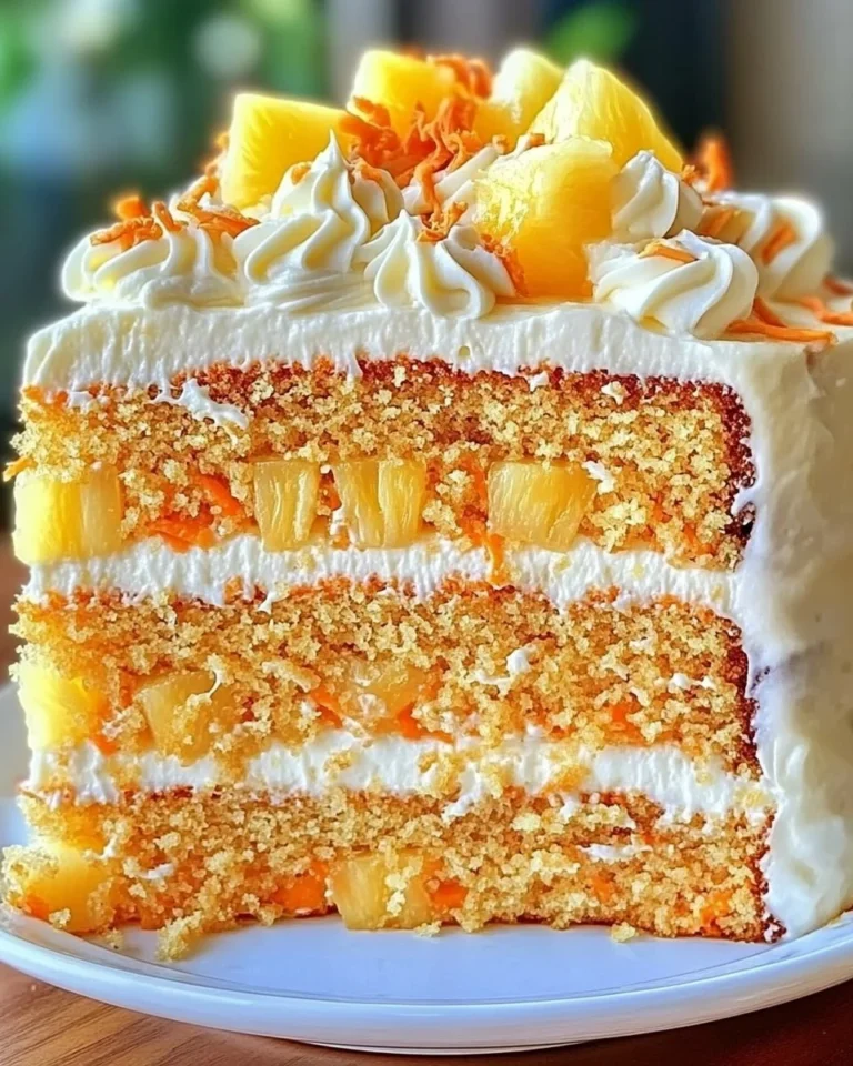 Slice of Hawaiian Carrot Pineapple Cake with cream cheese frosting on a plate