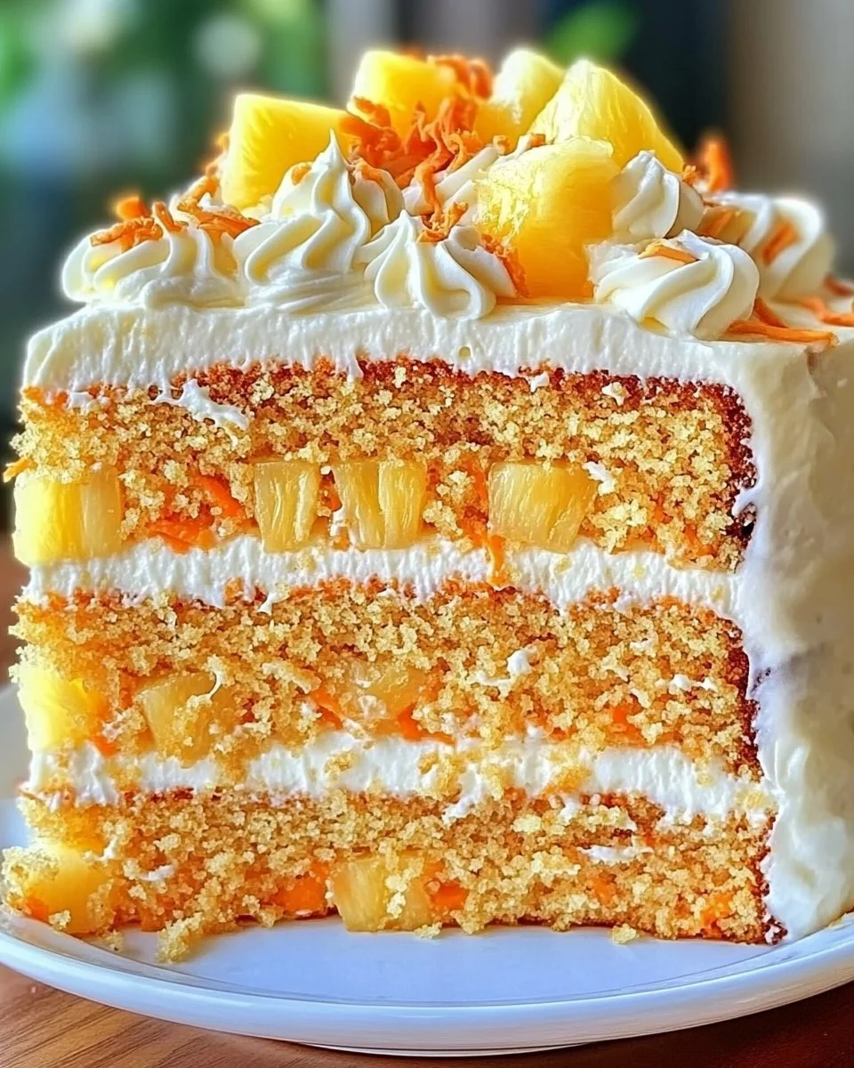 Slice of Hawaiian Carrot Pineapple Cake with cream cheese frosting on a plate