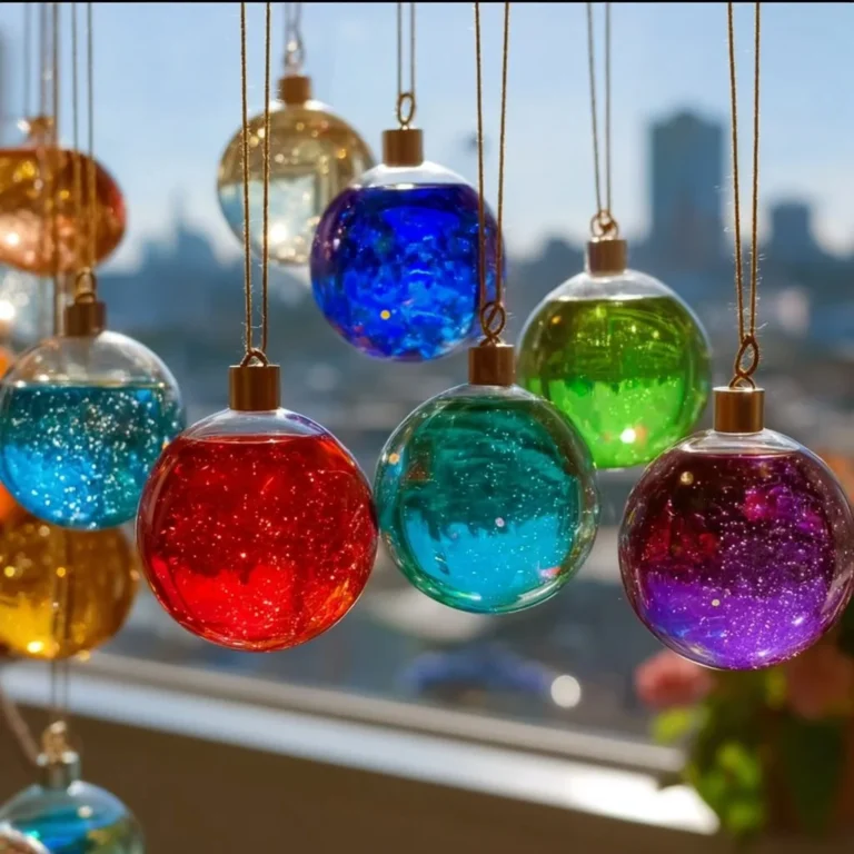 Colorful Lava Lamp style suncatchers hanging in a window, casting vibrant light.