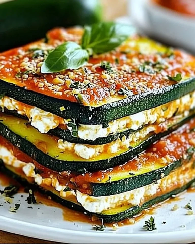 Delicious Layered Zucchini Ricotta Melts with Marinara sauce on a plate