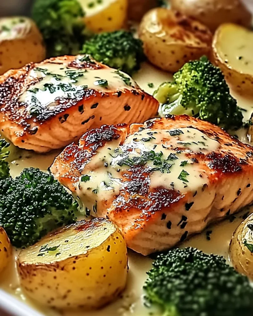 Lemon Butter Salmon with Crispy Potatoes and Broccoli