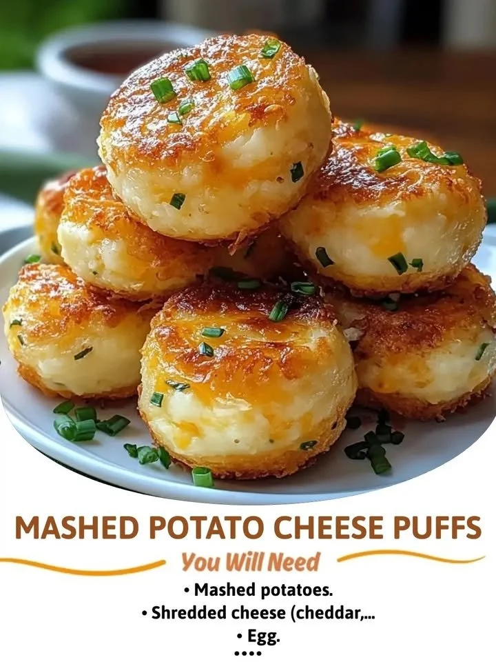 Delicious homemade mashed potato cheese puffs on a serving platter