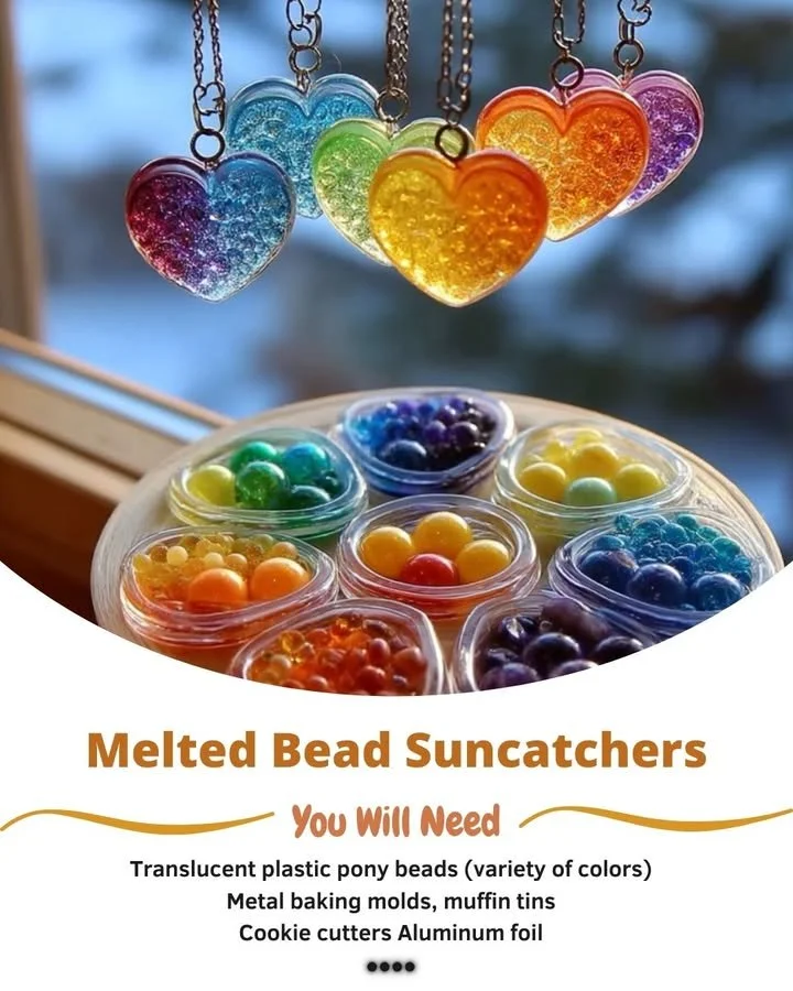 Colorful melted bead suncatchers hanging in the sunlight