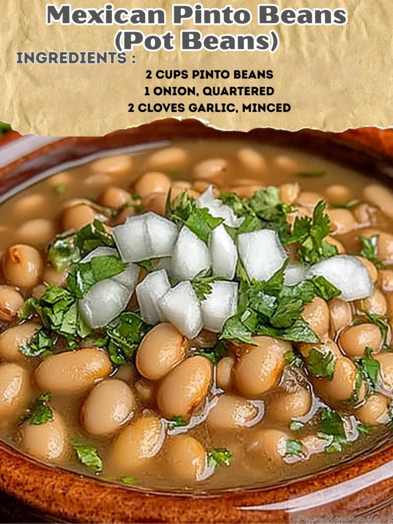 Delicious pot of Mexican Pinto Beans simmering with spices and herbs.