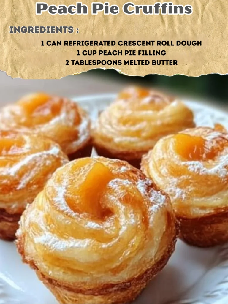 Peach Pie Cruffins fresh out of the oven, showcasing flaky layers and juicy peach filling.