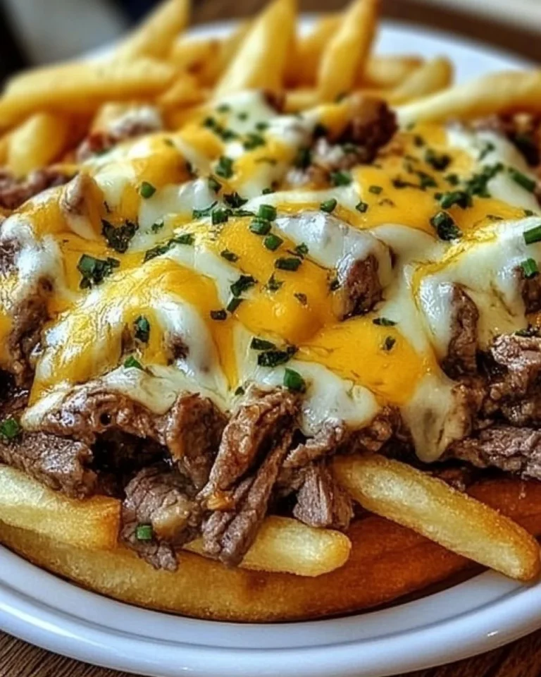 Plate of Philly Steak Cheese Fries topped with cheese and steak.