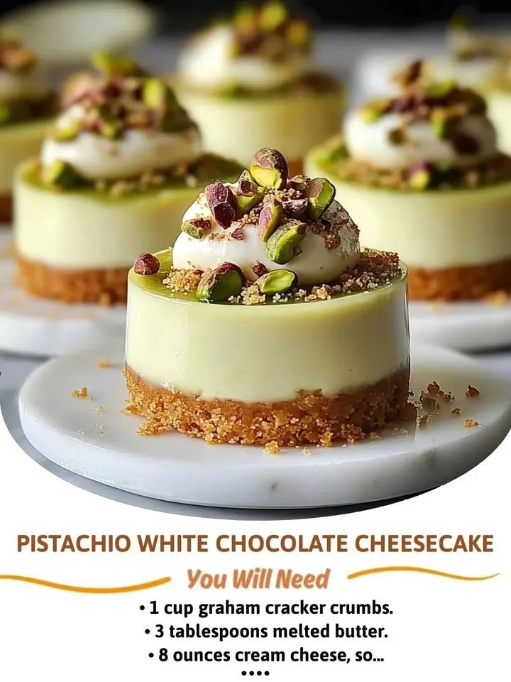 Slice of Pistachio White Chocolate Cheesecake with a pistachio garnish