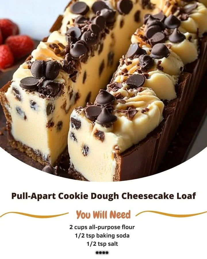 Delicious pull-apart cookie dough cheesecake loaf with layers of cheesecake and cookie dough.