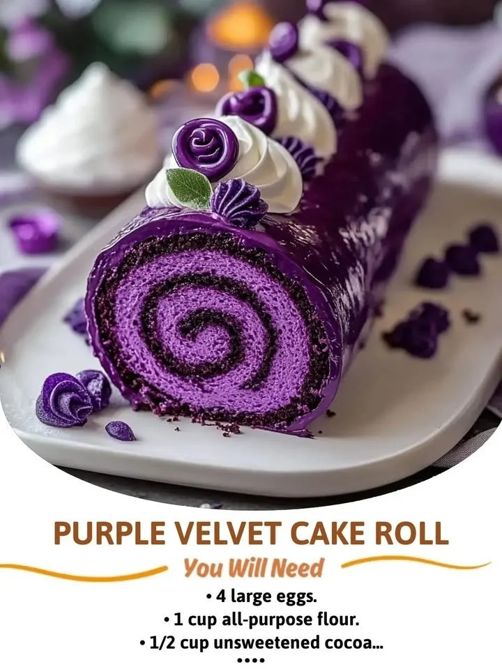 Purple Velvet Cake Roll with cream filling, garnished with fresh berries