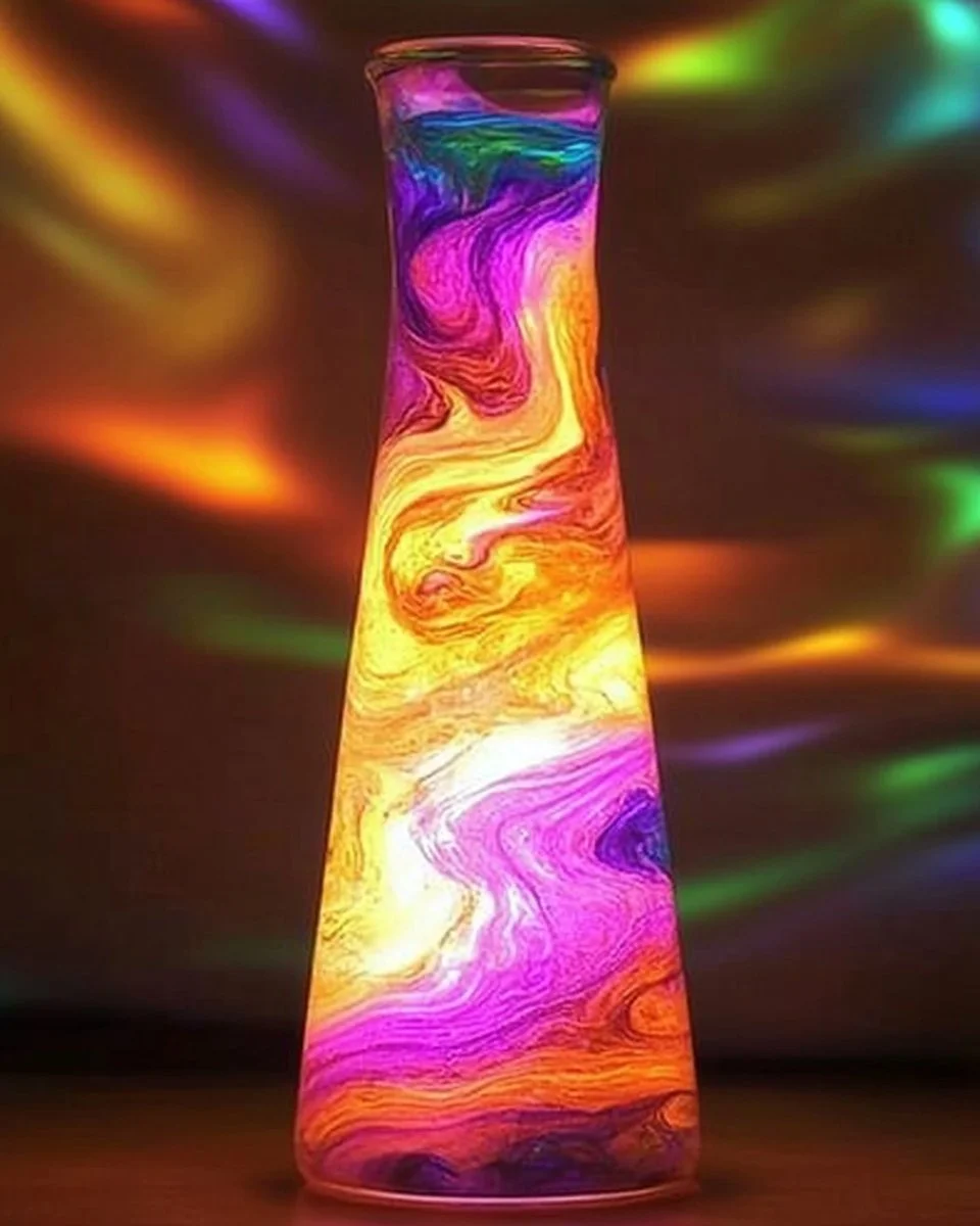 Colorful rainbow lava lamp in a bottle, creating a mesmerizing light display.