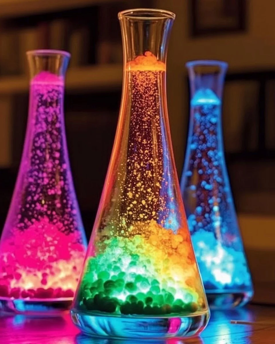 Vibrant rainbow lava lamp with Pop Rocks creating a colorful display.